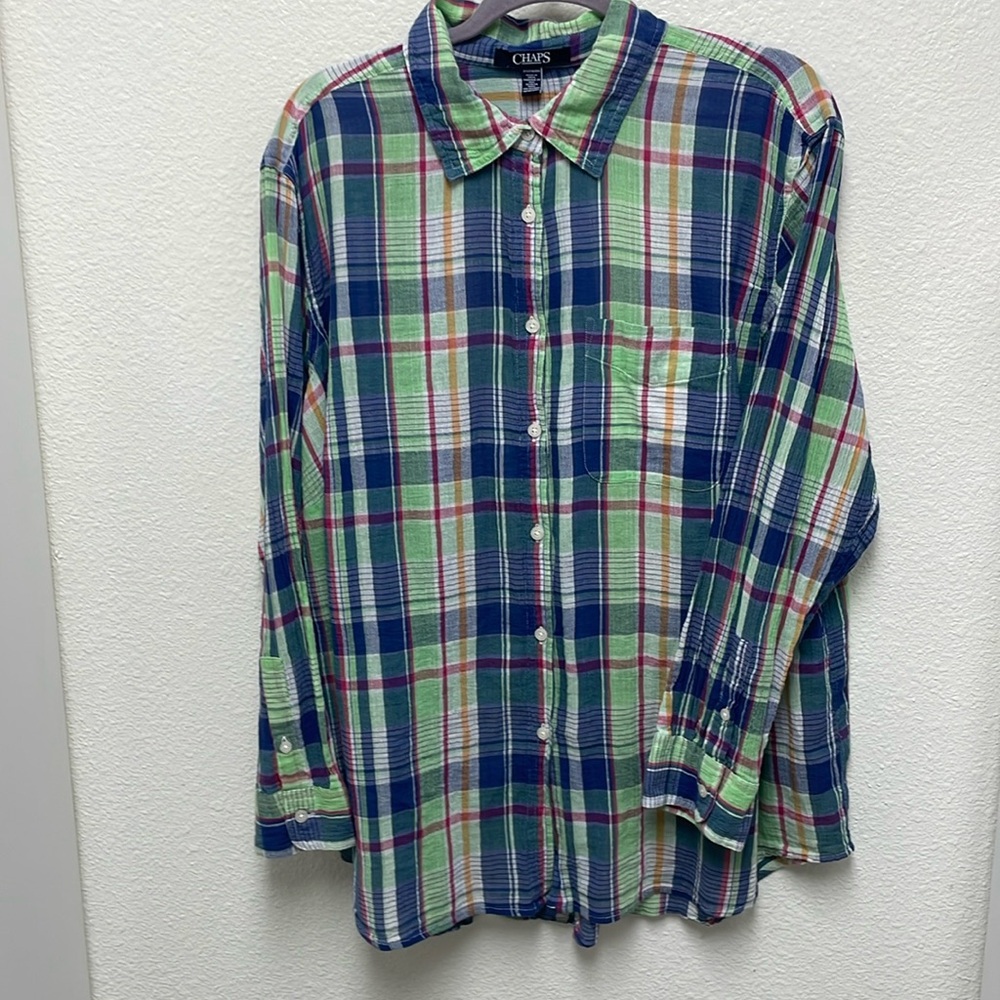 Chaps Women’s 2X Gauze Cotton Blue Lime and Pink Button Up Plaid Shirt